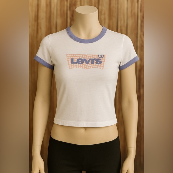 Levi's Women's Graphic Ringer Crop Mini Tee Harper Geo Batwing Bright White S - Picture 1 of 6